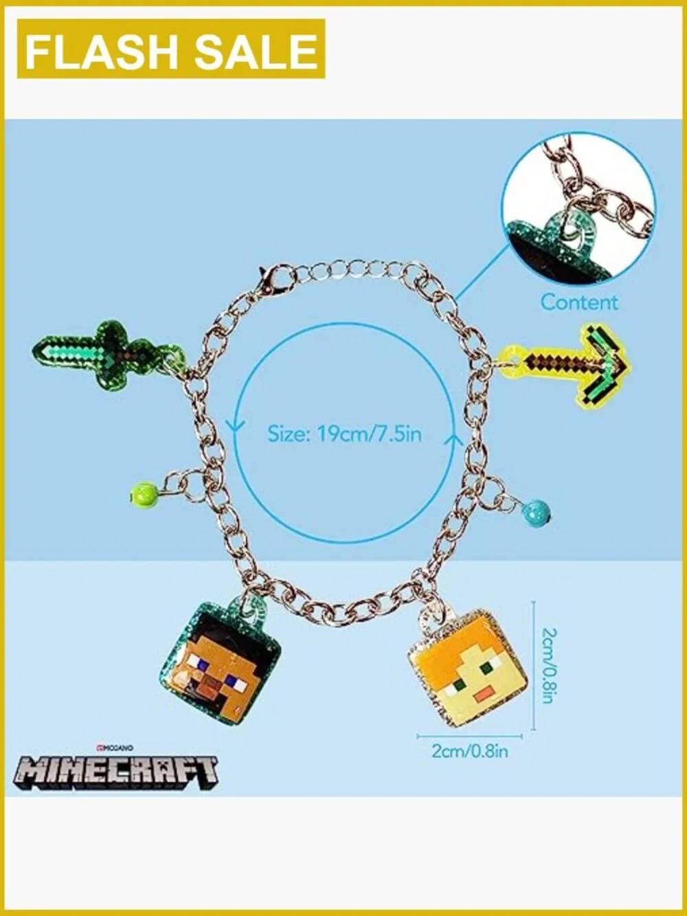 Minecraft Charm Bracelet with Metal Charms for Kids